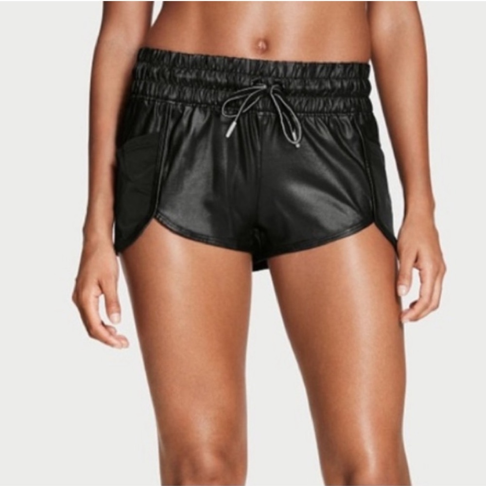 Victoria Sport Glossy Black Faux Leather Shorts Size Small Drawstring Running